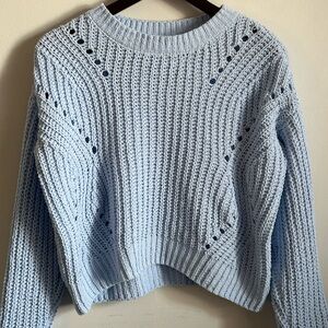 SO Chunky Knit Chenille Light Blue Slight Crop Hemline Long Sleeve Sweater